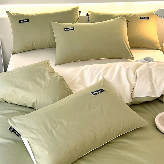 91家纺网 家纺一手货源 找家纺 凯磊家纺 2024新款高支高密.纯色拼色四件套-星漫系列 星漫-晨雾绿+象牙白