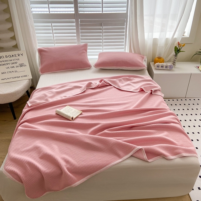 91家纺网 家纺一手货源 找家纺 来菲毛毯 2025新款全棉A类盖毯夏凉被 粉色