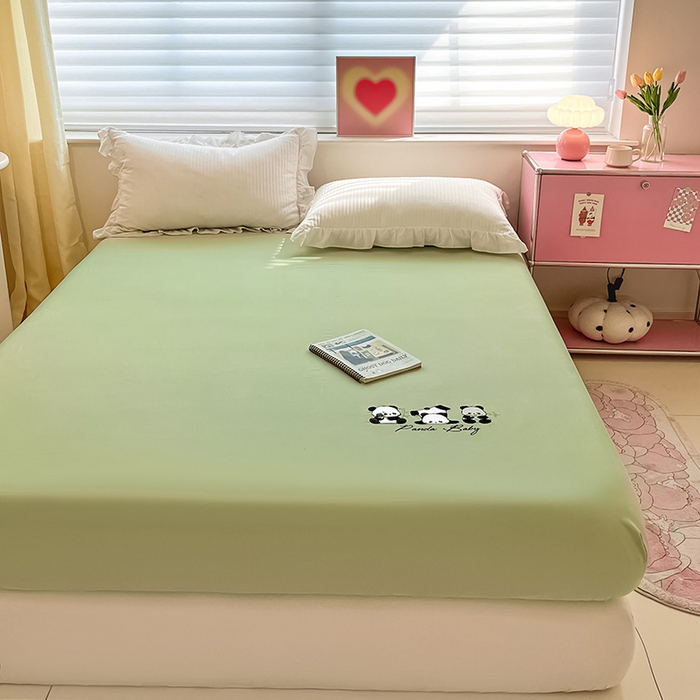 91家纺网 家纺一手货源 找家纺 2024新款A类全棉水洗棉绣花单床笠 熊猫-浅绿