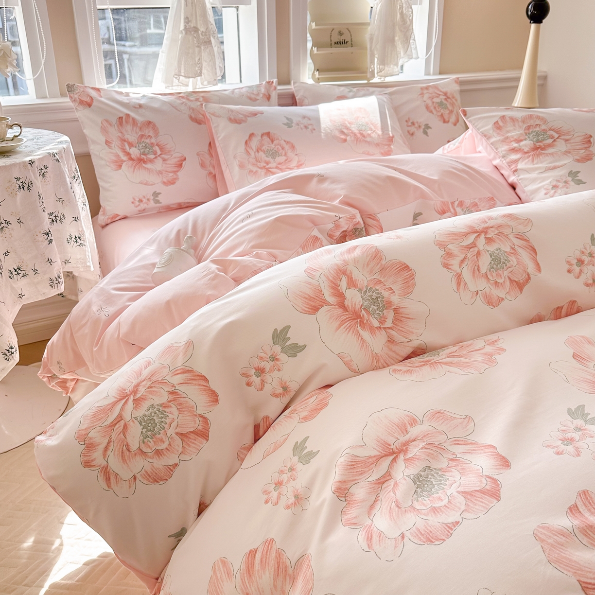 91家纺网 家纺一手货源 找家纺 晨希家居 2024新款小清新全棉印花四件套 牡丹花开