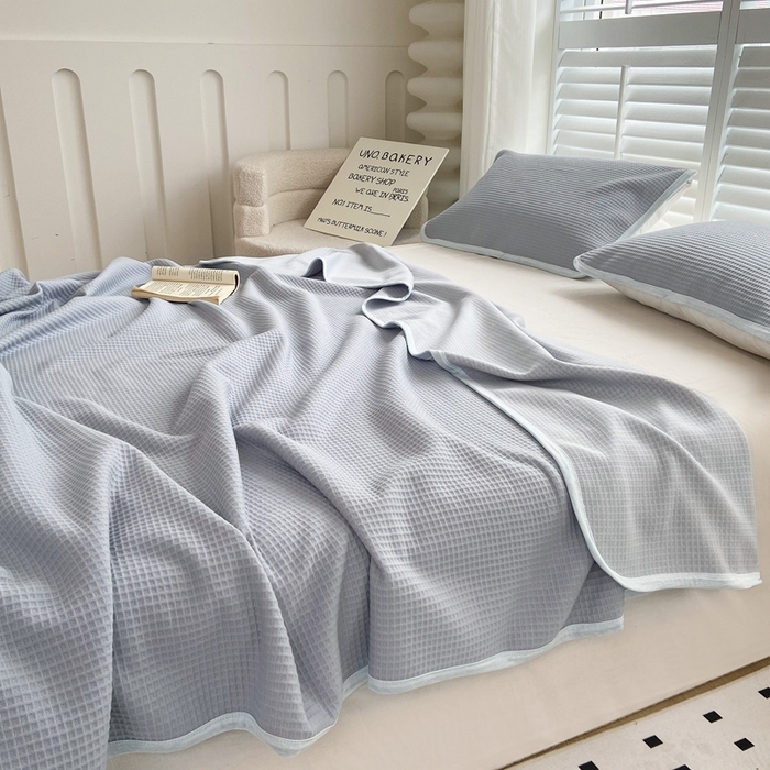 91家纺网 家纺一手货源 找家纺 来菲毛毯 2025新款全棉A类盖毯夏凉被 蓝灰