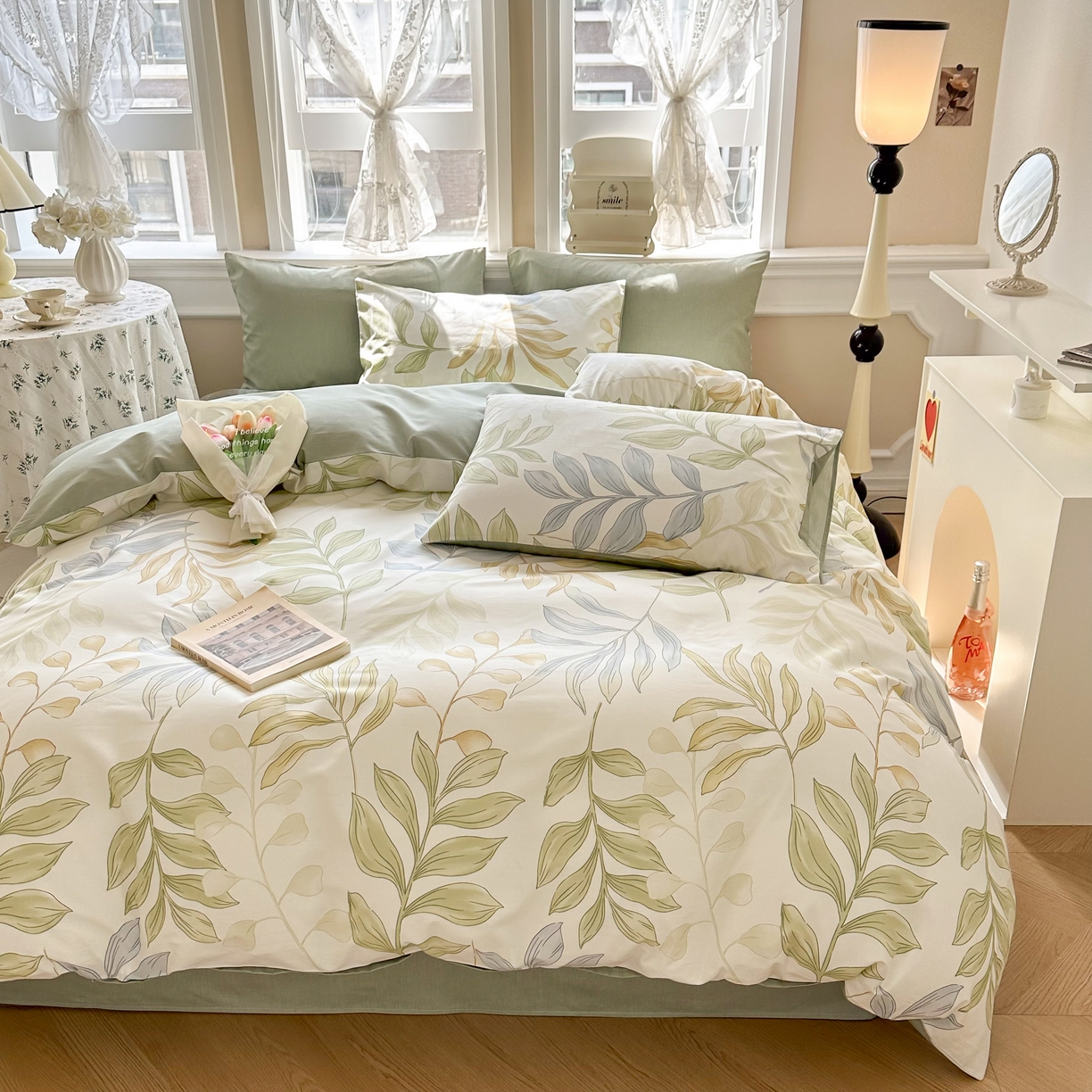 91家纺网 家纺一手货源 找家纺 晨希家居 2024新款小清新全棉印花四件套 青青糯叶