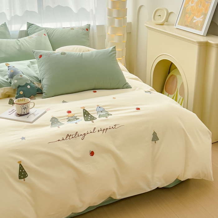 91家纺网 家纺一手货源 找家纺 亲亲公主 2025新款全棉可爱刺绣四件套 幸运树