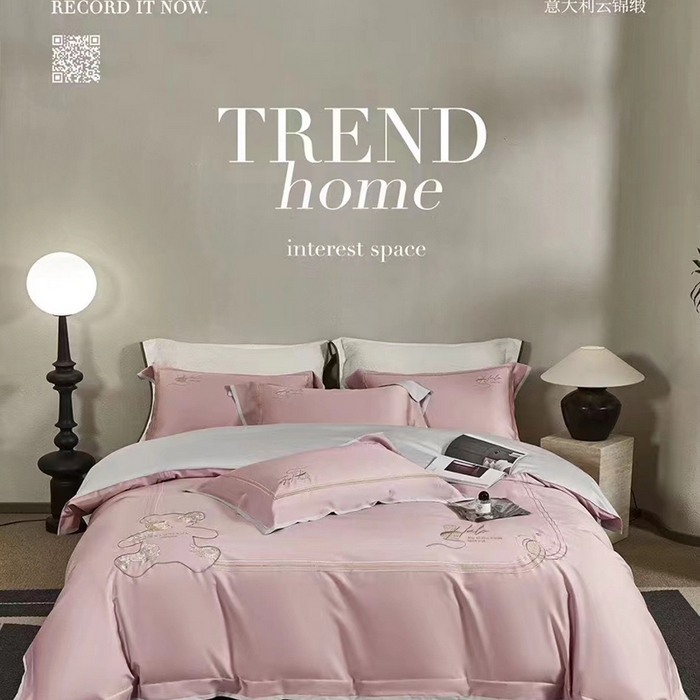 91家纺网 家纺一手货源 找家纺 玖玖爱家纺 2024春夏新品意大利云锦缎四件套 赤豆沙