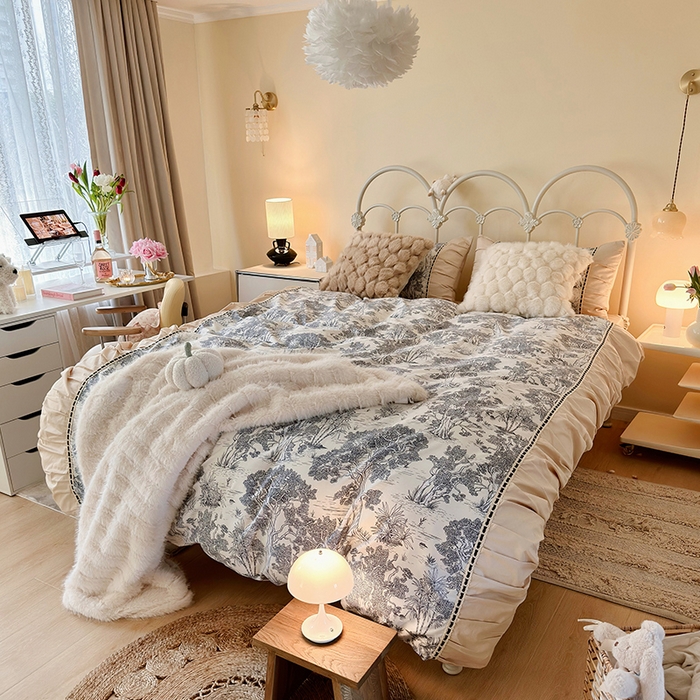 91家纺网 家纺一手货源 找家纺 晨希家居 2024新款复古法式全棉印花四件套 丛林物语