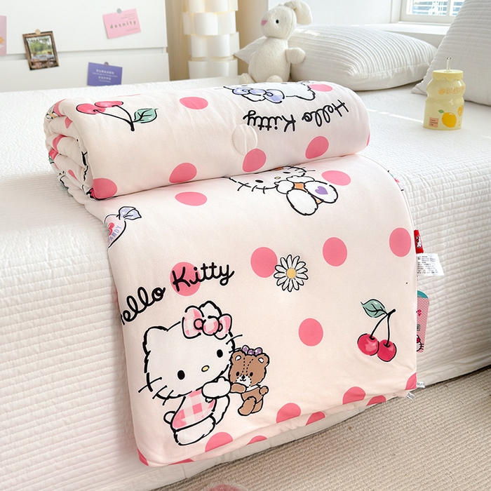 91家纺网 家纺一手货源 找家纺 博雅 2024新款三丽鸥正版系列A类牛奶丝软糯针织棉大豆纤维夏被 针织棉（带防伪标）波点kt猫