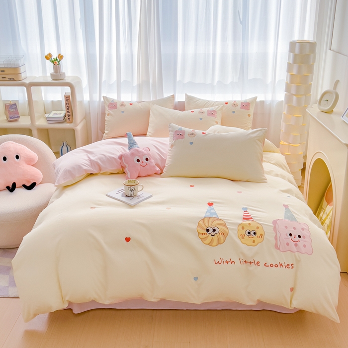 91家纺网 家纺一手货源 找家纺 亲亲公主 2025新款全棉可爱刺绣四件套 粉色曲奇