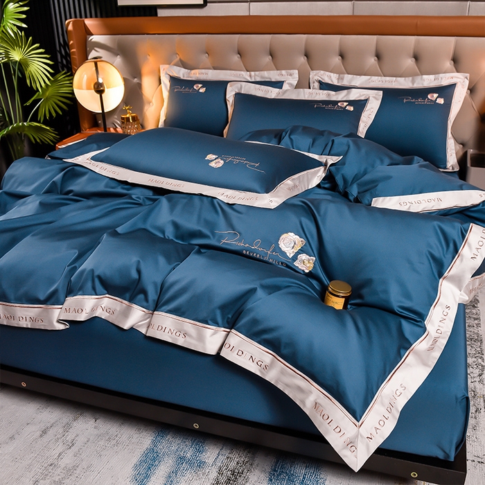 91家纺网 家纺一手货源 找家纺 瑞驰家纺 2024新款A类长绒棉刺绣四件套-雅典娜系列 雅典娜-轻奢蓝