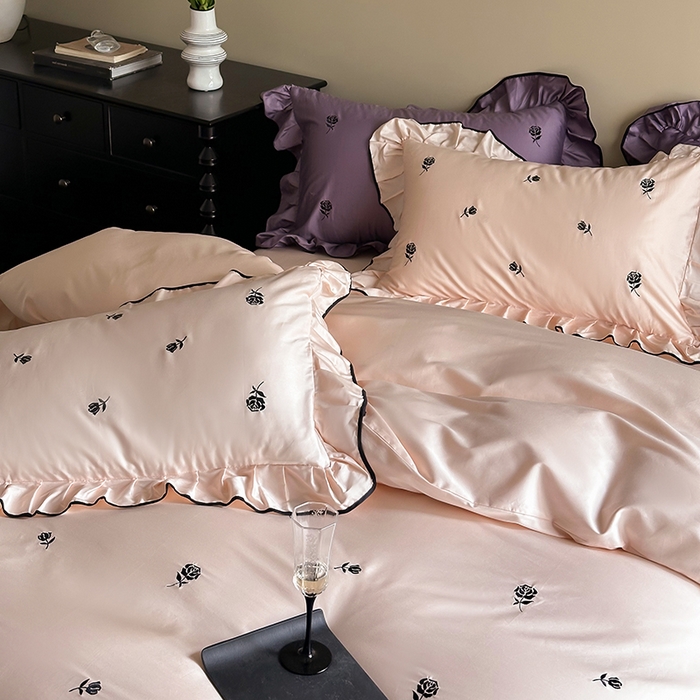 91家纺网 家纺一手货源 找家纺 （总）2024窝米春夏新品100支长绒棉刺绣款四件套（玫瑰紫，茶粉）