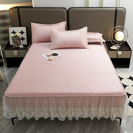 青雅席业 2025新款A类凉感丝蕾丝花边床笠款凉席 海豚-粉