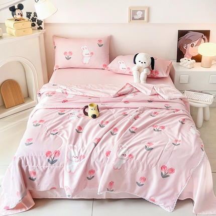 倾慕家纺 新款A类小清新水洗棉小花边夏被系列 花小兔