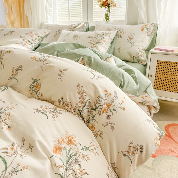 91家纺网 家纺一手货源 找家纺 晨希家居 2024新款小清新全棉印花四件套 微米