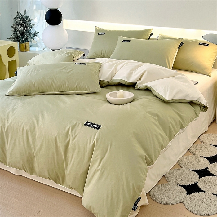 91家纺网 家纺一手货源 找家纺 凯磊家纺 2024新款高支高密.纯色拼色四件套-星漫系列 星漫-晨雾绿+象牙白