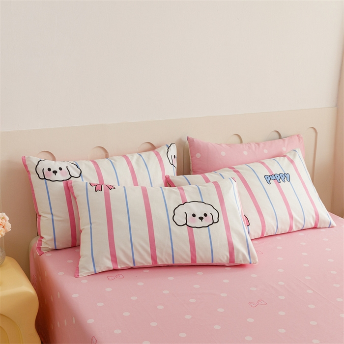 91家纺网 家纺一手货源 找家纺 红粉佳人家纺  2024新款纯棉卡通小清新四件套及单品 小白狗