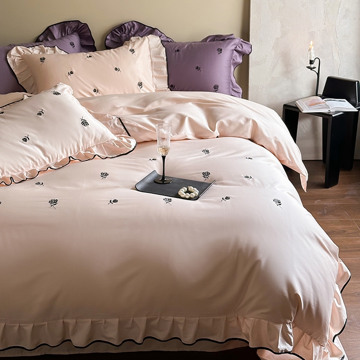 91家纺网 家纺一手货源 找家纺 （总）2024窝米春夏新品100支长绒棉刺绣款四件套（玫瑰紫，茶粉）