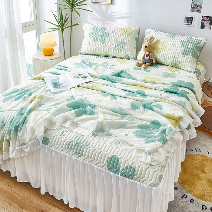 91家纺网 家纺一手货源 找家纺 爱上家居 2024新款印花凉席床裙床单款夏被-床裙款 绿意