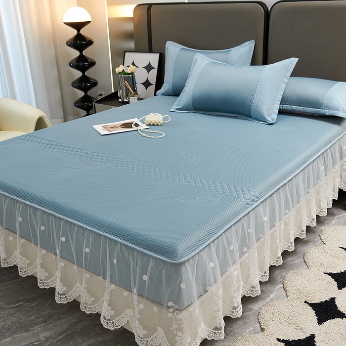 91家纺网 家纺一手货源 找家纺 青雅席业 2025新款A类凉感丝蕾丝花边床笠款凉席 海豚-蓝