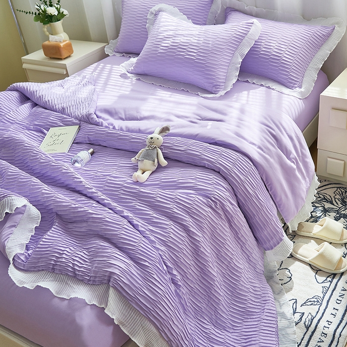 91家纺网 家纺一手货源 找家纺 畅销被业  2024新款泡泡纱花边夏被四件套 花边款泡泡纱-浅紫色