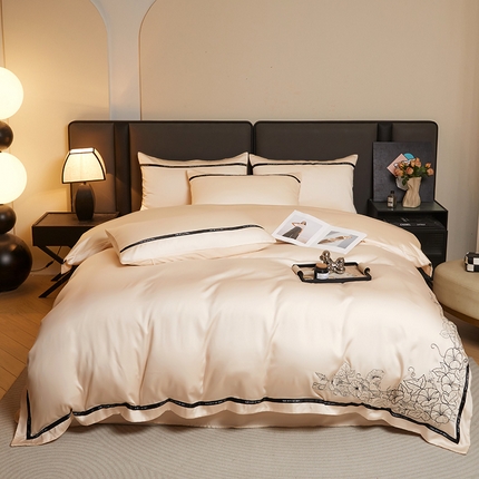 91家纺网 家纺一手货源 找家纺 （总）麦空 2025新款水洗冰丝刺绣系列四件套-朝颜