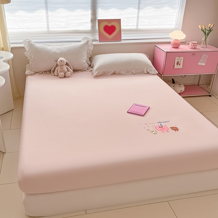 91家纺网 家纺一手货源 找家纺 2024新款A类全棉水洗棉绣花单床笠 甜甜圈-粉