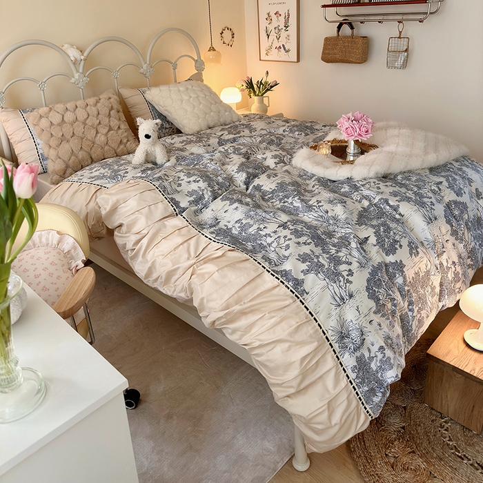 91家纺网 家纺一手货源 找家纺 晨希家居 2024新款复古法式全棉印花四件套 丛林物语