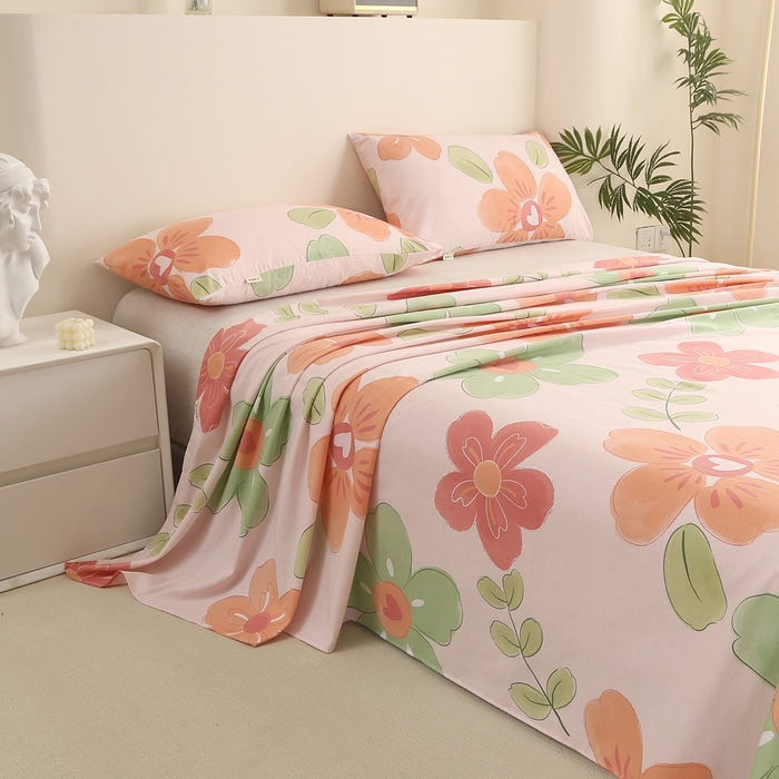 91家纺网 家纺一手货源 找家纺 金泰莱 2025新款三枚段条卷边老粗布凉席三件套床单套件 花恋曲 原棉款