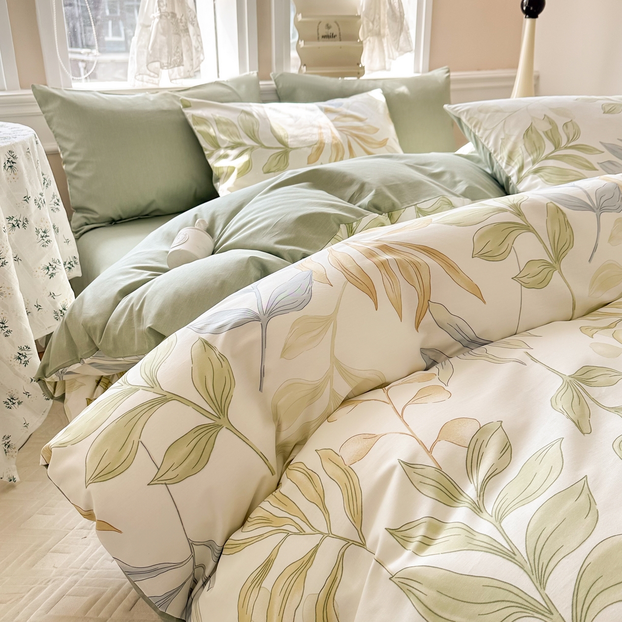 91家纺网 家纺一手货源 找家纺 晨希家居 2024新款小清新全棉印花四件套 青青糯叶