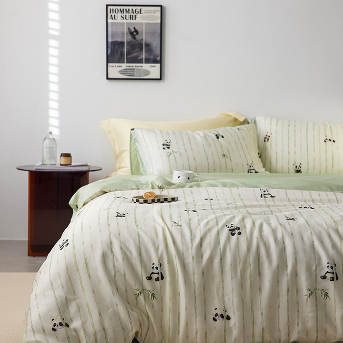 91家纺网 家纺一手货源 找家纺 时年家纺 2024春夏新品莱赛尔天丝印花四件套 淘气熊猫