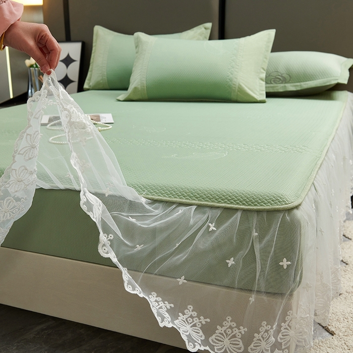 91家纺网 家纺一手货源 找家纺 青雅席业 2025新款A类凉感丝蕾丝花边床笠款凉席 海豚-绿