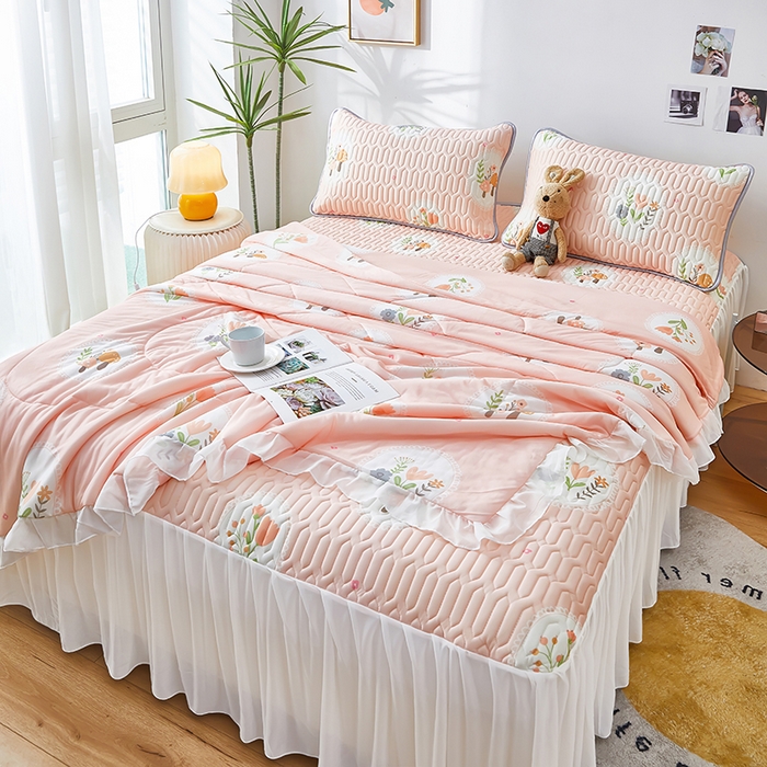 91家纺网 家纺一手货源 找家纺 爱上家居 2024新款印花凉席床裙床单款夏被-床裙款 花团