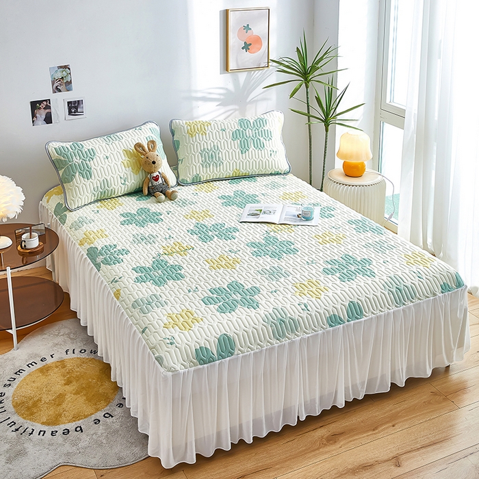 91家纺网 家纺一手货源 找家纺 爱上家居 2024新款印花凉席床裙床单款夏被-床裙款 绿意