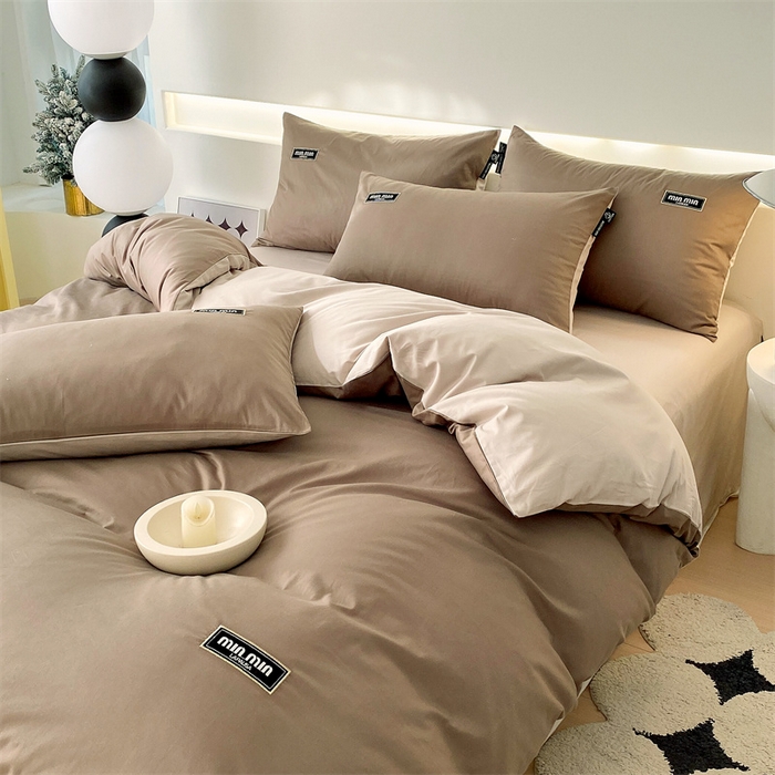 91家纺网 家纺一手货源 找家纺 凯磊家纺 2024新款高支高密.纯色拼色四件套-星漫系列 星漫-木斯咖+浅米灰