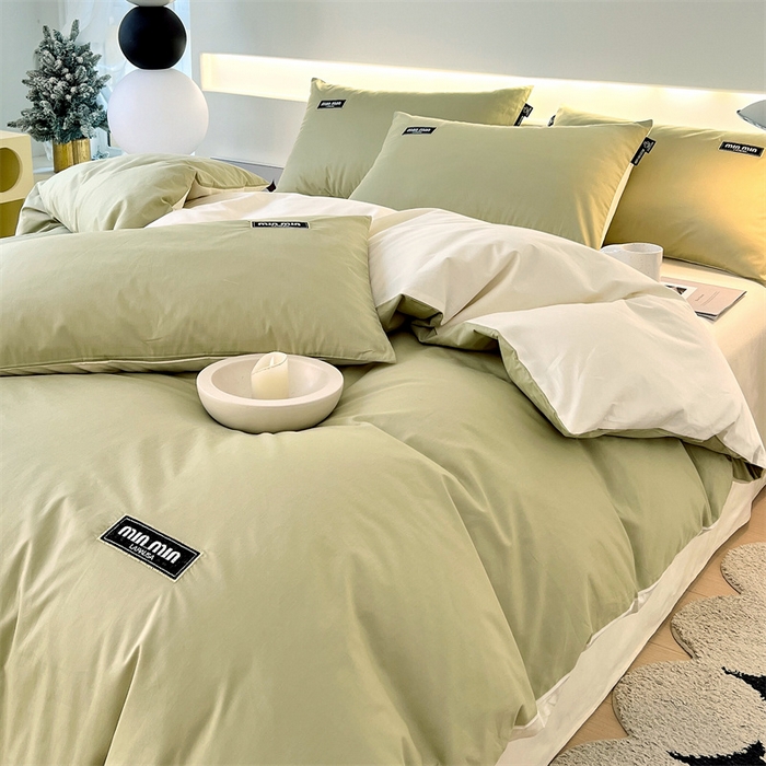 91家纺网 家纺一手货源 找家纺 凯磊家纺 2024新款高支高密.纯色拼色四件套-星漫系列 星漫-晨雾绿+象牙白