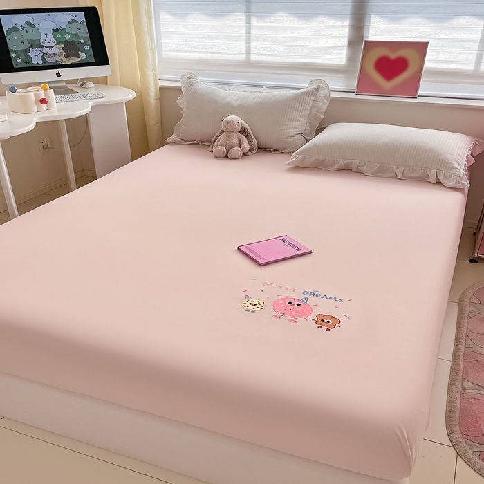 91家纺网 家纺一手货源 找家纺 2024新款A类全棉水洗棉绣花单床笠 甜甜圈-粉