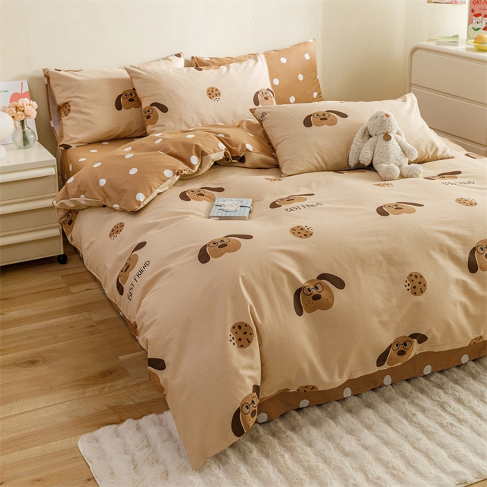 91家纺网 家纺一手货源 找家纺 红粉佳人家纺  2024新款纯棉卡通小清新四件套及单品 布丁狗-1