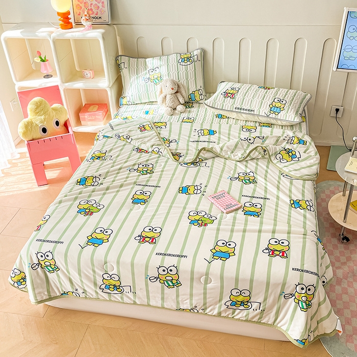 91家纺网 家纺一手货源 找家纺 金爱家 2024新款A类三丽鸥高品质可组合凉感丝乳胶席牛奶丝针织棉软糯夏被四件套 乳胶席-夏日大眼蛙