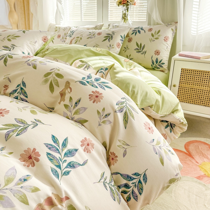 91家纺网 家纺一手货源 找家纺 晨希家居 2024新款小清新全棉印花四件套 伊梦