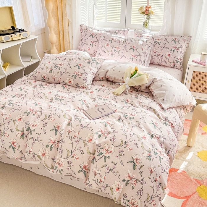 91家纺网 家纺一手货源 找家纺 晨希家居 2024新款小清新全棉印花四件套 如梦