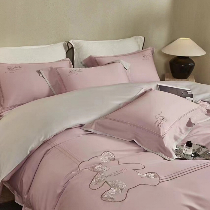 91家纺网 家纺一手货源 找家纺 玖玖爱家纺 2024春夏新品意大利云锦缎四件套 赤豆沙