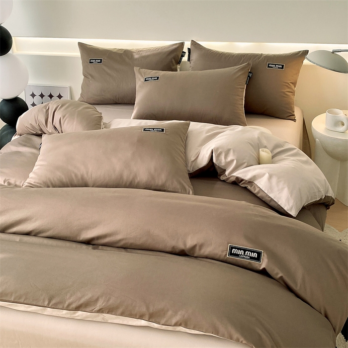 91家纺网 家纺一手货源 找家纺 凯磊家纺 2024新款高支高密.纯色拼色四件套-星漫系列 星漫-木斯咖+浅米灰