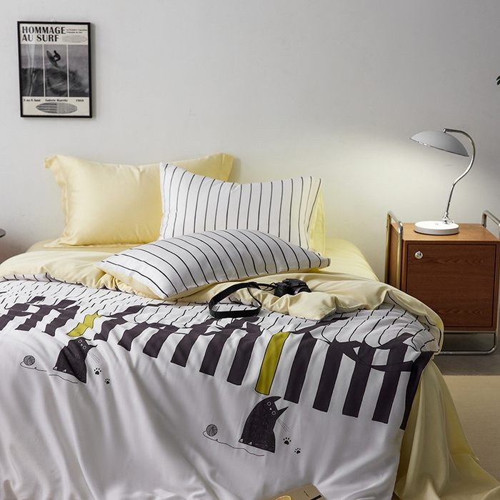 91家纺网 家纺一手货源 找家纺 时年家纺 2024春夏新品莱赛尔天丝印花四件套 律动猫