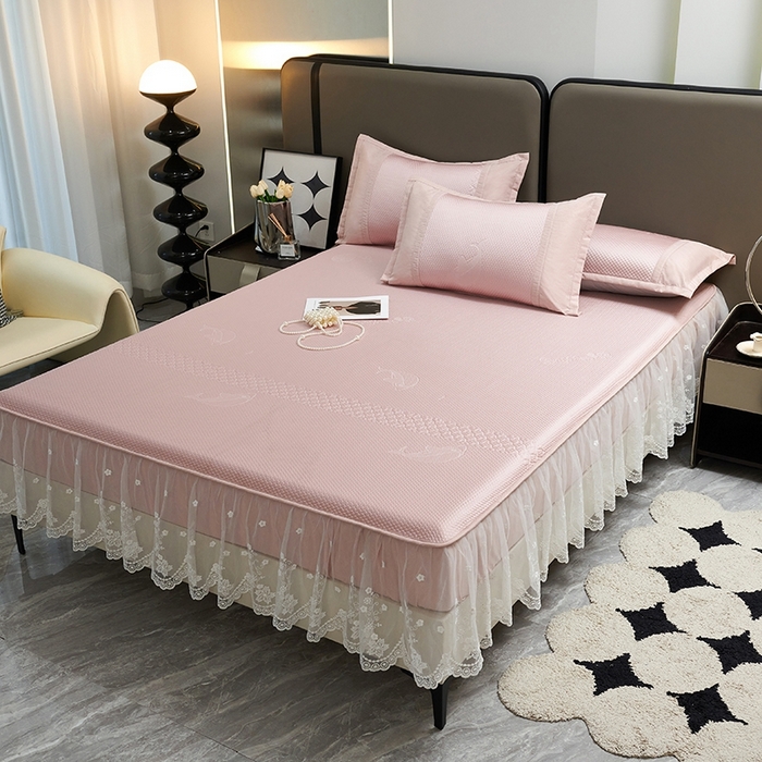 91家纺网 家纺一手货源 找家纺 青雅席业 2025新款A类凉感丝蕾丝花边床笠款凉席 海豚-粉