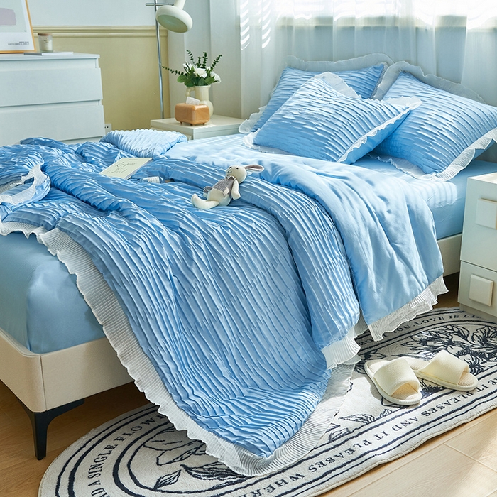 91家纺网 家纺一手货源 找家纺 畅销被业  2024新款泡泡纱花边夏被四件套 花边款泡泡纱-天蓝色