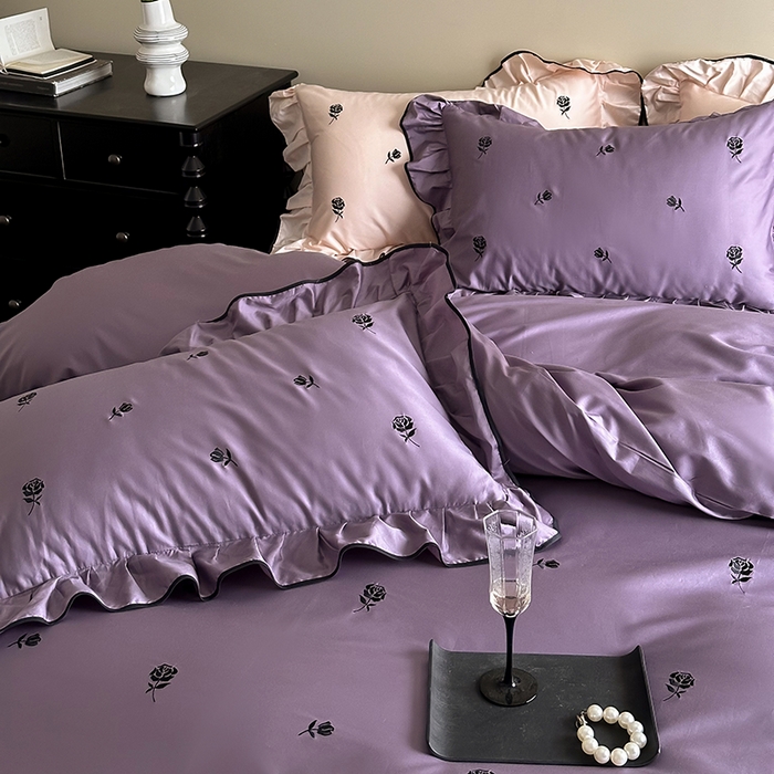 91家纺网 家纺一手货源 找家纺 2024窝米春夏新品100支长绒棉刺绣款四件套（玫瑰紫，茶粉） 玫瑰紫