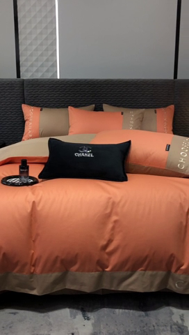 91家纺网 家纺一手货源 找家纺 凯磊 2024新款简约家居.刺绣纯色拼色四件套--伊可系列（拍法一） 香橙+木咖