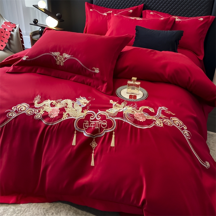 91家纺网 家纺一手货源 找家纺 宅家居 2024新款磨毛亲肤棉婚庆刺绣花四件套 龙凤呈祥