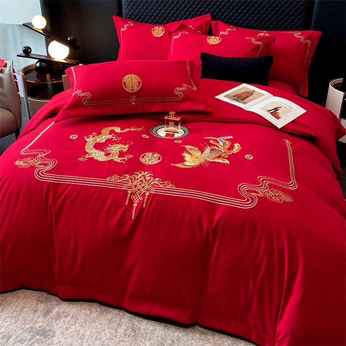 91家纺网 家纺一手货源 找家纺 宅家居 2024新款磨毛亲肤棉婚庆刺绣花四件套 幸福龙凤