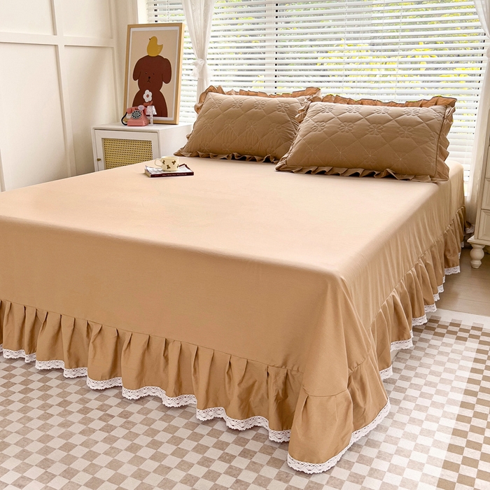 91家纺网 家纺一手货源 找家纺 情煊家纺 2024新款全棉斜纹花边床单系列-纯色款 浅驼