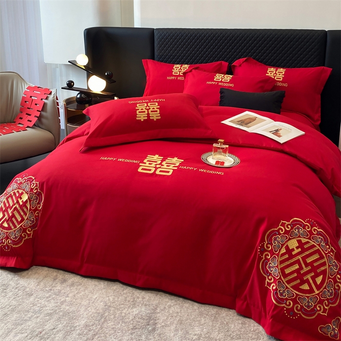 91家纺网 家纺一手货源 找家纺 宅家居 2024新款磨毛亲肤棉婚庆刺绣花四件套 喜上加喜