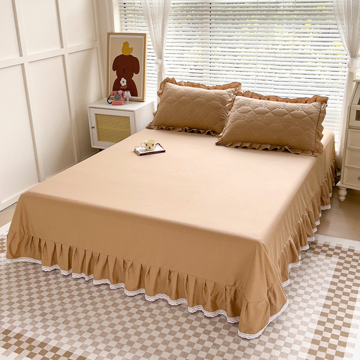 91家纺网 家纺一手货源 找家纺 情煊家纺 2024新款全棉斜纹花边床单系列-纯色款 浅驼